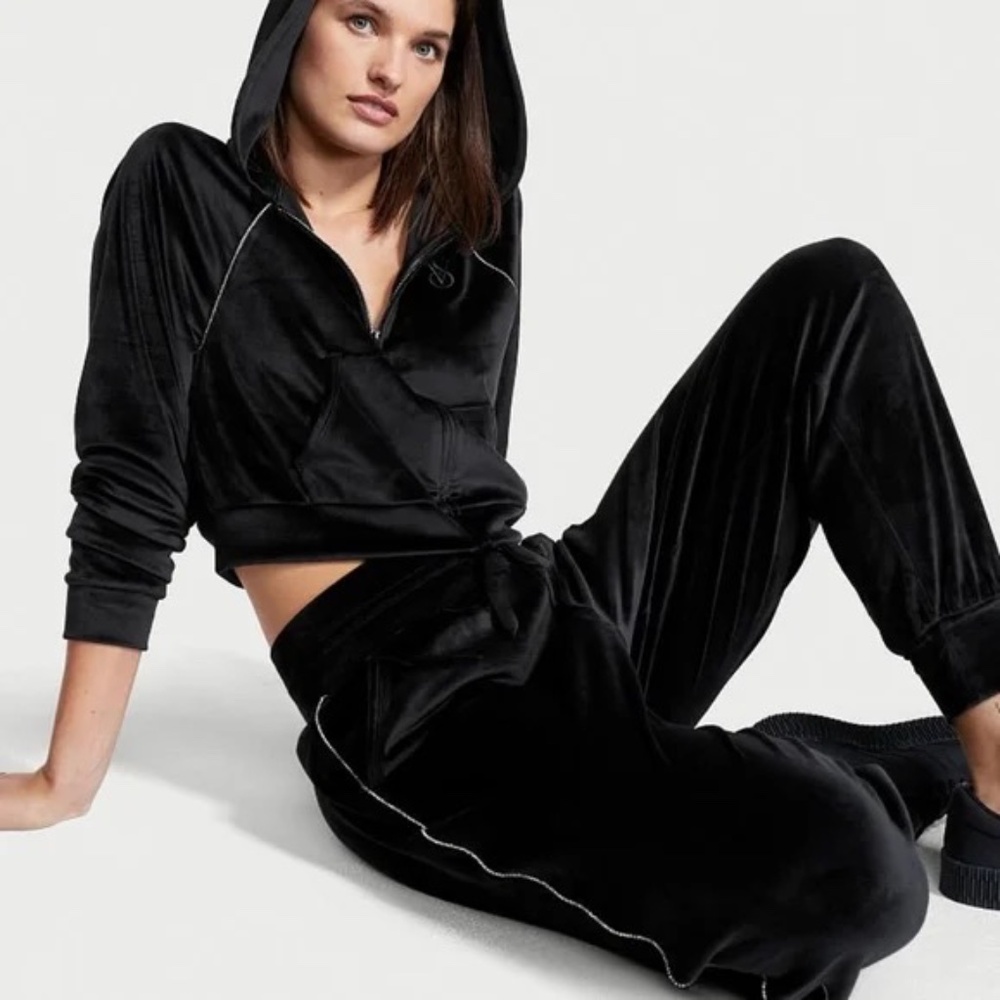 VICTORIA'S SECRET BLACK VELOUR DIAMOND TRACK SET - JACKET SIZE S, PANTS SIZE XS